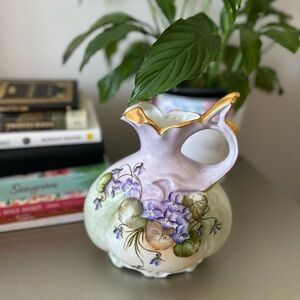 Floral Ceramic Pitcher with Gold Accents